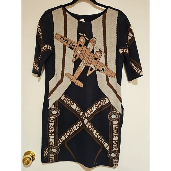 All-over Airplane Graphic Print Linen Blend Women's Sweater Dress Sz Small Blue - Picture 1 of 5